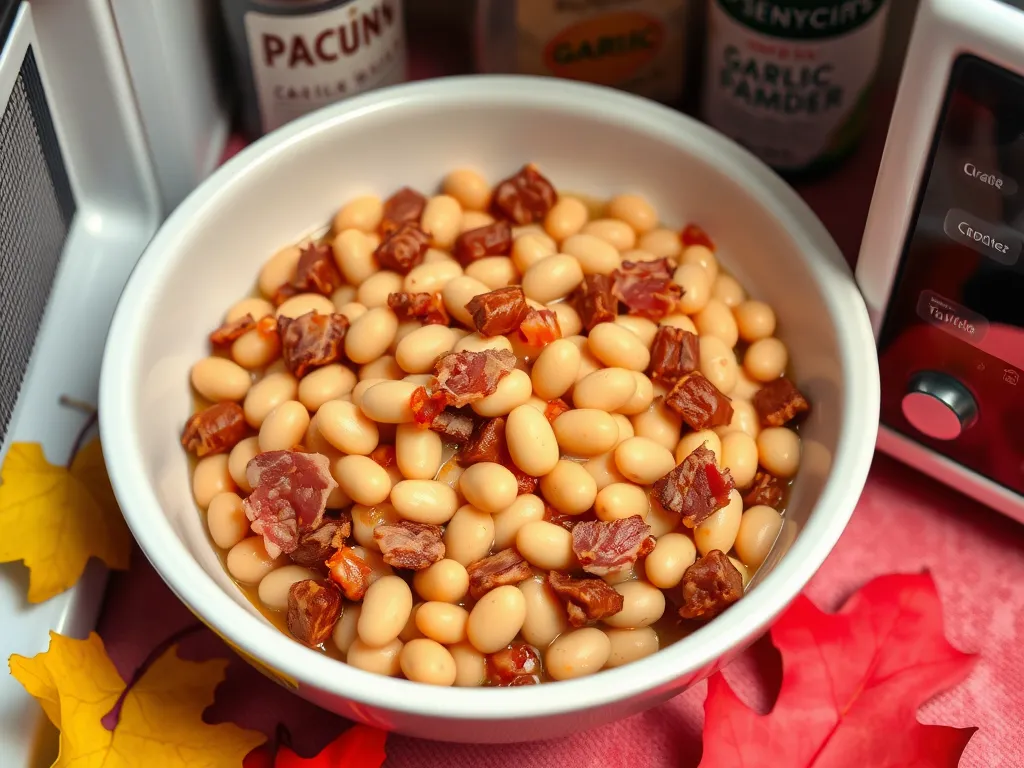 A bowl of pre-cooked bacon and canned beans ready for a quick meal