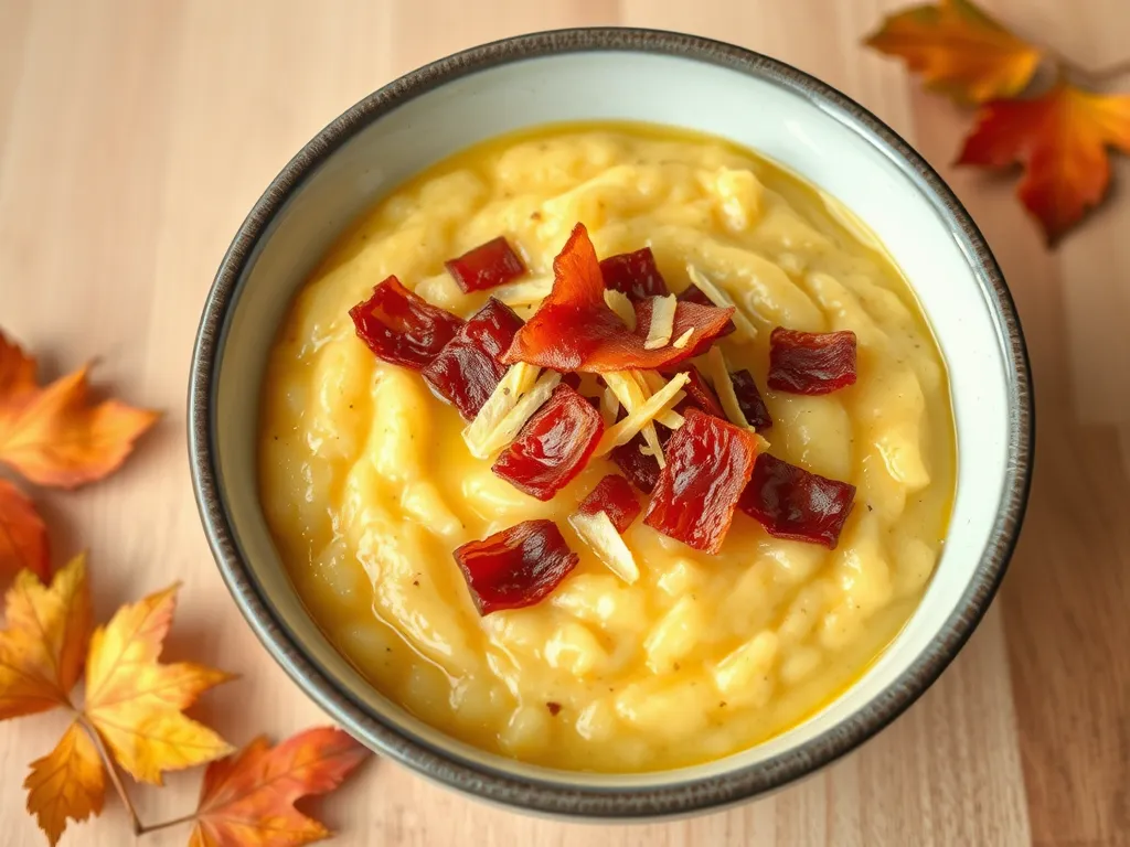Bowl of lazy microwave pre-cooked bacon and cheese grits topped with crispy bacon.