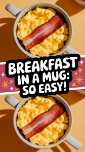 Delicious bacon and scrambled eggs in a mug, ideal for a quick breakfast.