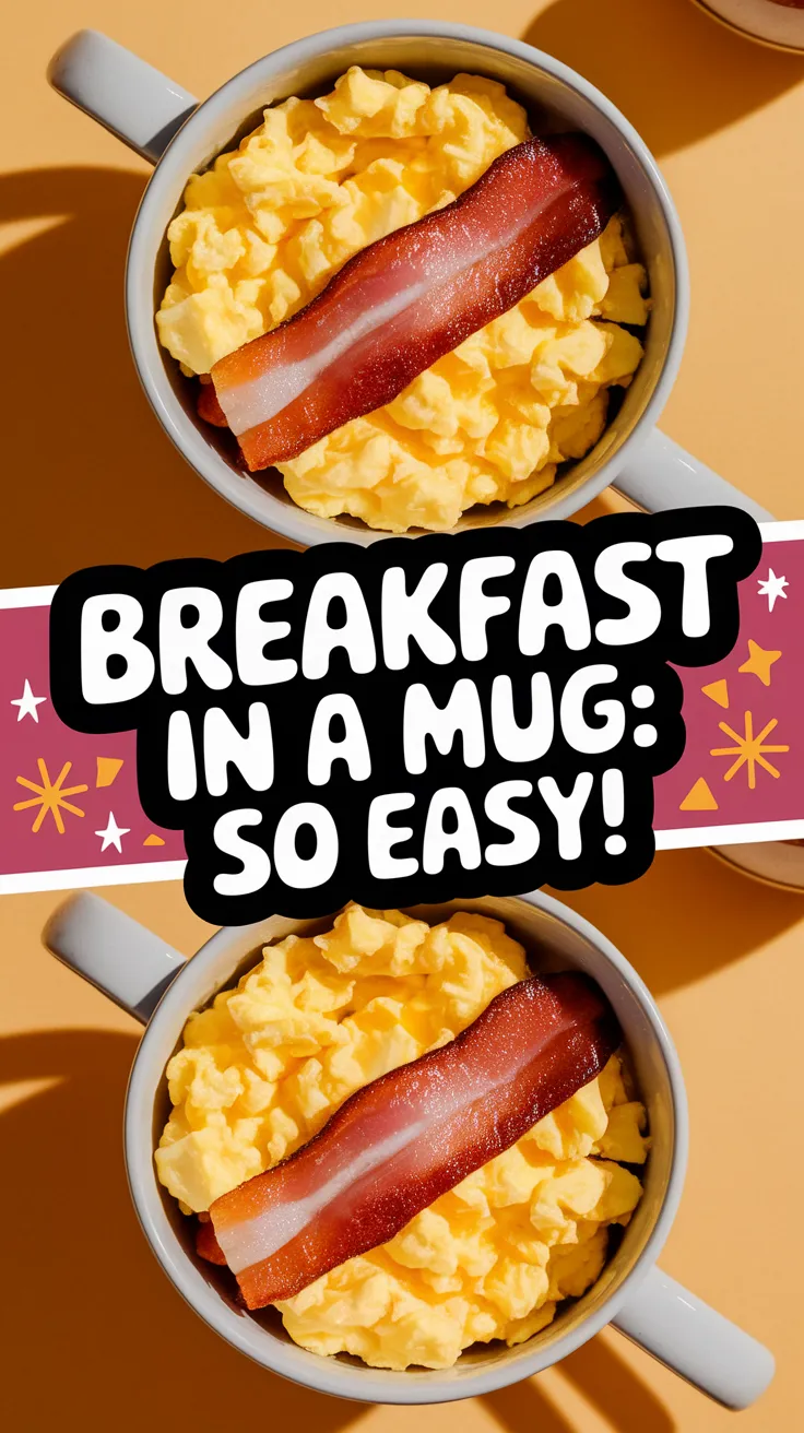 Delicious bacon and scrambled eggs in a mug, ideal for a quick breakfast.