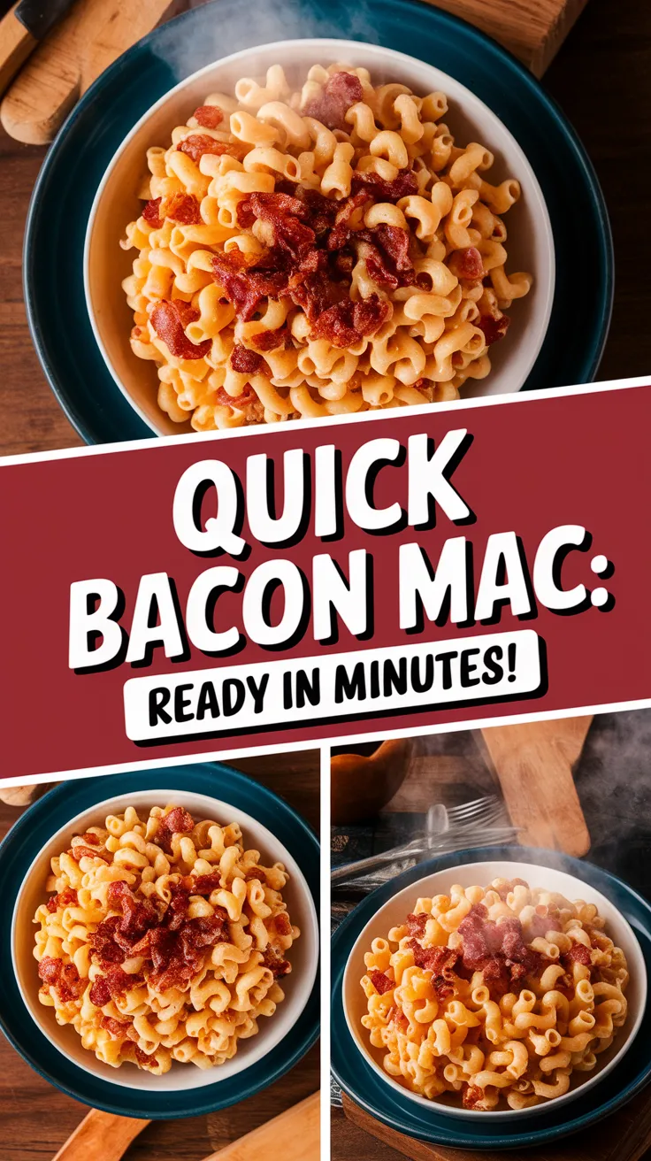 Delicious lazy microwave pre-cooked bacon mac and cheese topped with crispy bacon.
