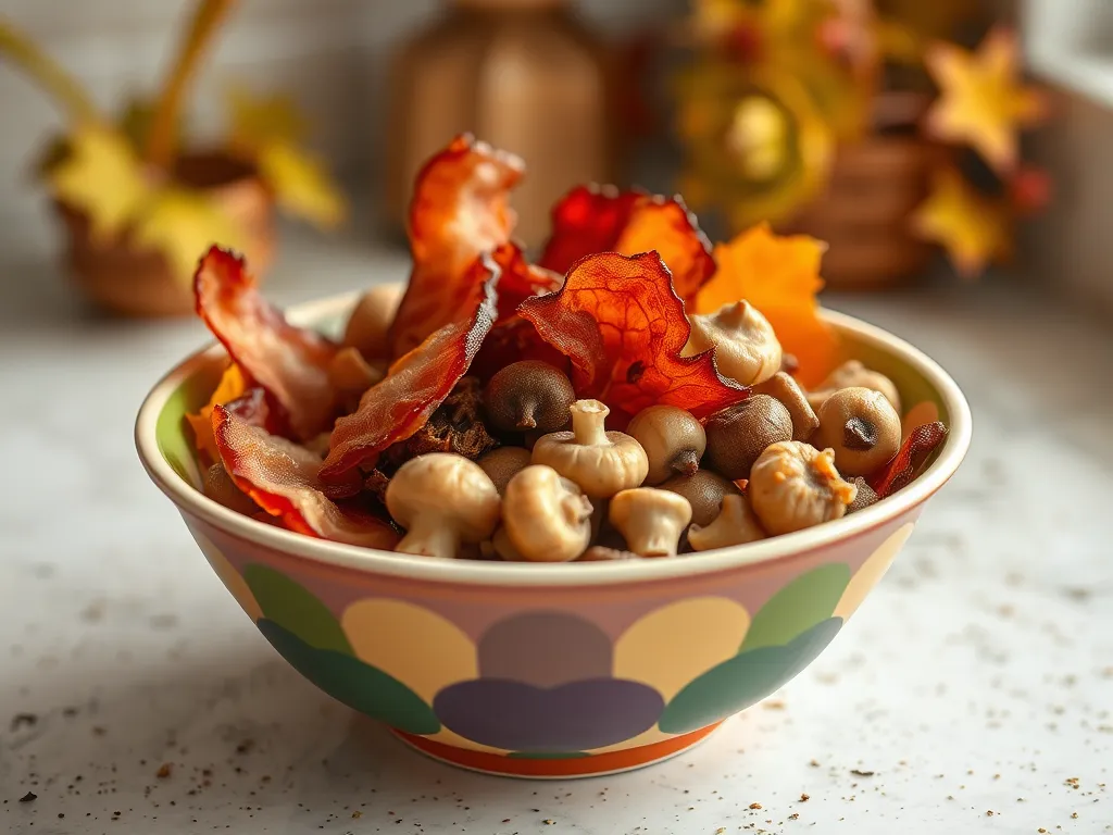 Bowl of pre-cooked bacon and canned diced mushrooms, perfect for quick meals.