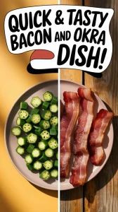 Plate of lazy microwave pre-cooked bacon alongside canned diced okra