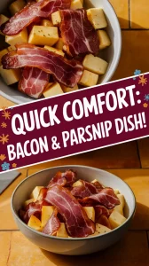 Microwave pre-cooked bacon and canned diced parsnips in a bowl