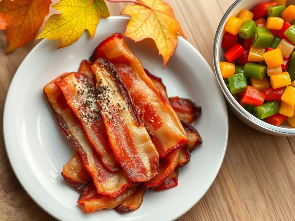 Delicious lazy microwave pre-cooked bacon served with canned diced peppers