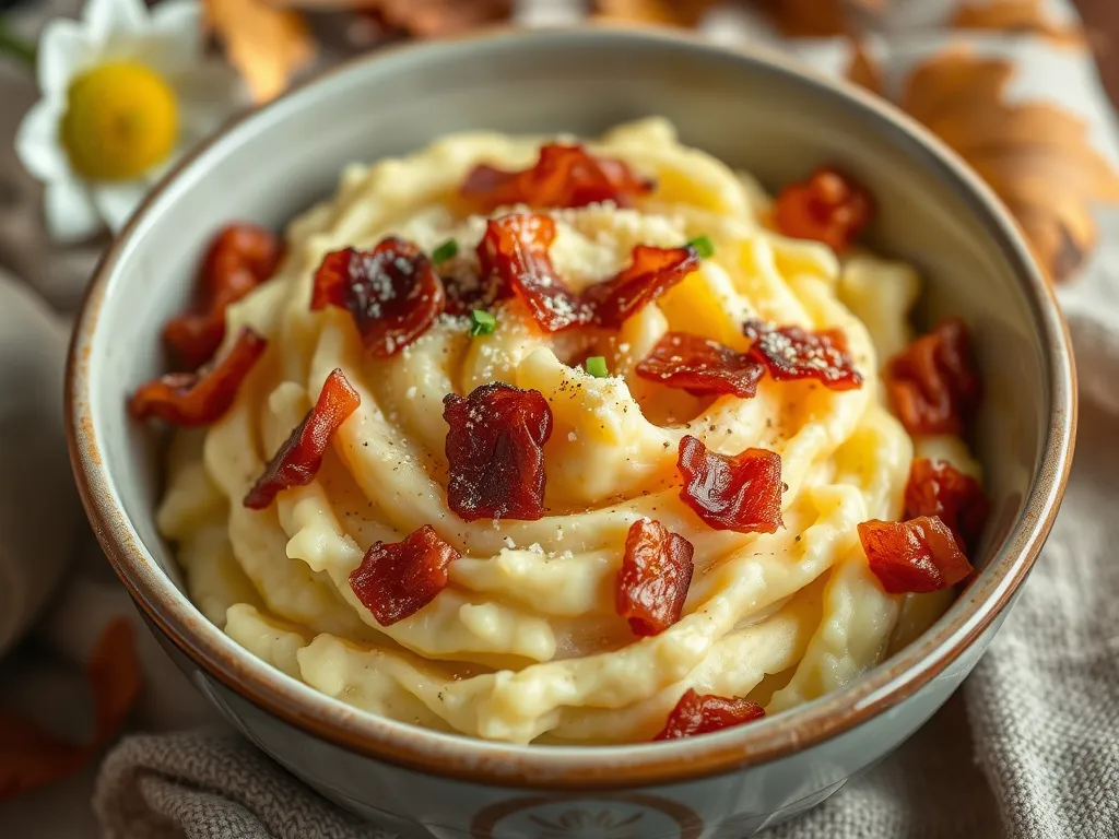 Delicious bowl of mashed potatoes topped with crispy pre-cooked bacon, perfect for a quick meal.