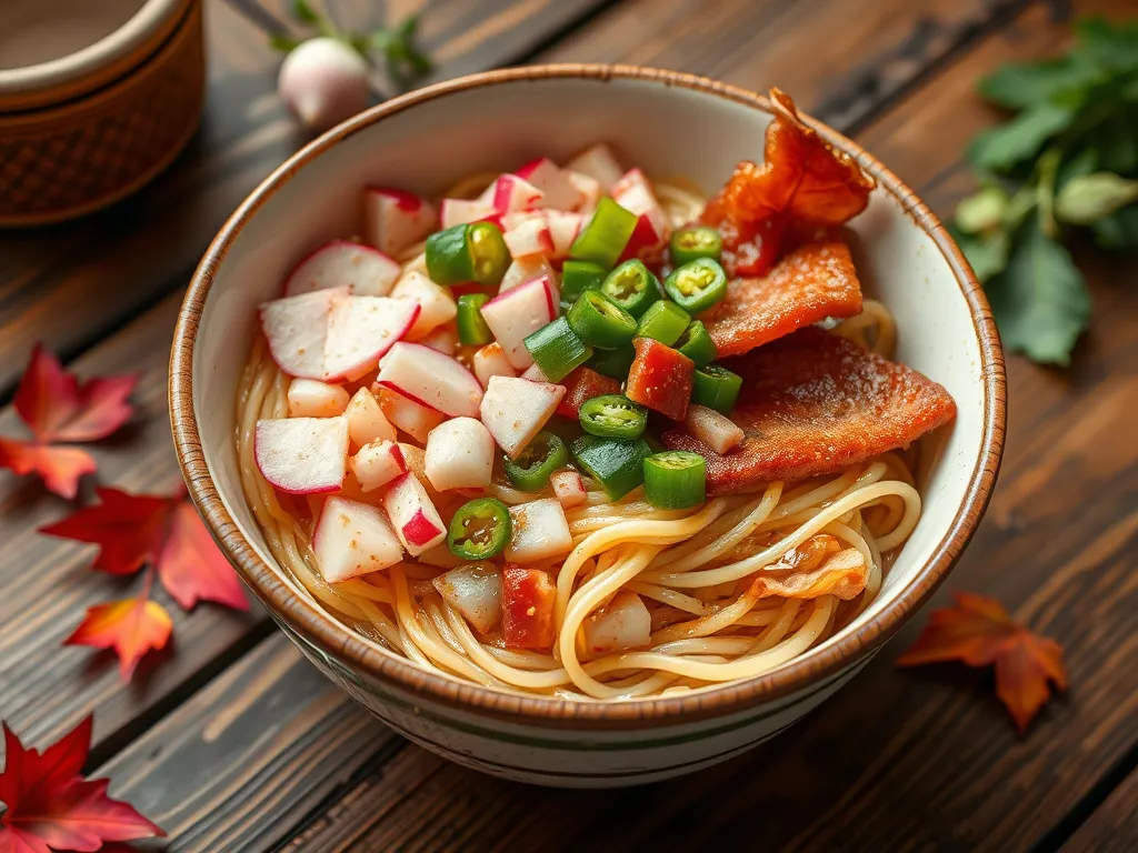 Bowl of pasta topped with lazy microwave pre-cooked bacon and canned diced radishes.