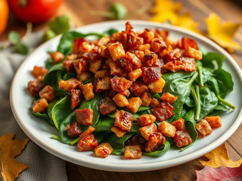 Plate of spinach topped with crispy pre-cooked bacon, ideal for quick meals.
