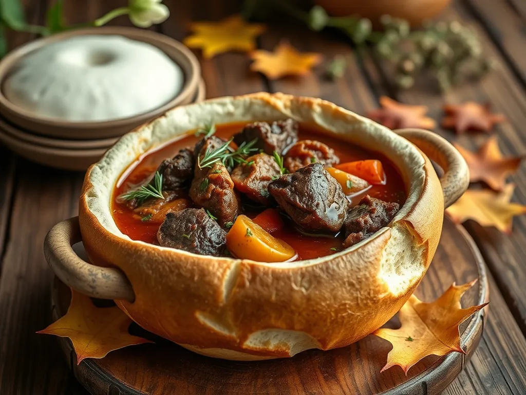 Delicious lazy microwave canned beef stew served in a bread bowl, featuring tender meat and vegetables.