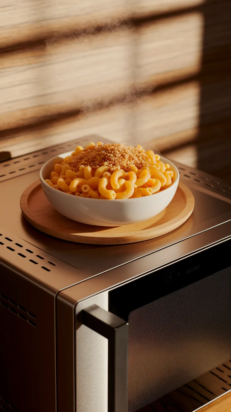 Bowl of creamy macaroni and cheese prepared using a lazy microwave hack