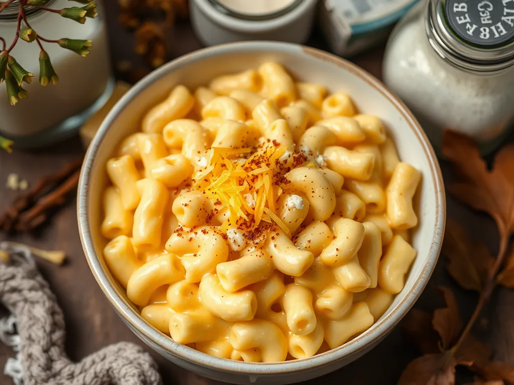 Bowl of creamy microwave boxed mac and cheese topped with cheese and spices