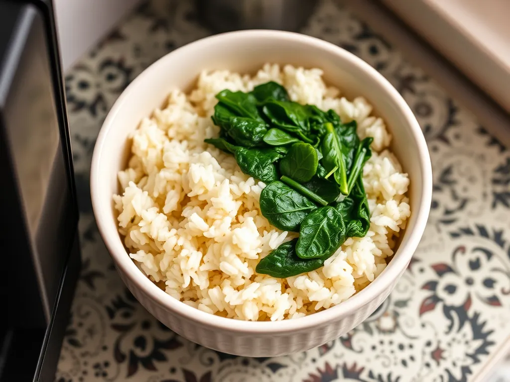 Bowl of lazy microwave boxed rice topped with fresh spinach, ideal for a quick meal.