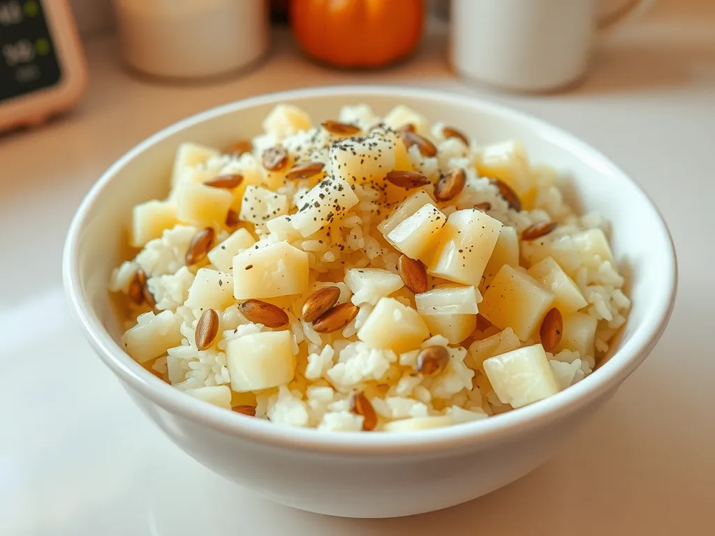 Bowl of lazy microwave boxed rice topped with diced turnips and seeds