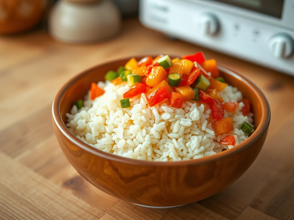Bowl of lazy microwave boxed rice topped with canned diced peppers