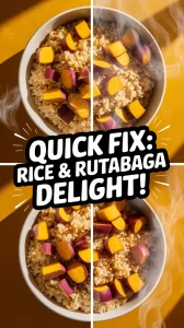 Bowl of lazy microwave boxed rice with diced rutabagas for a quick meal