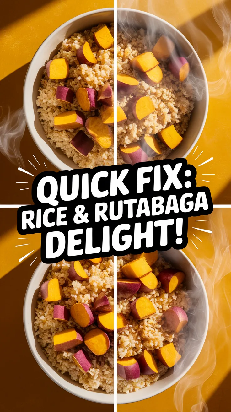 Bowl of lazy microwave boxed rice with diced rutabagas for a quick meal