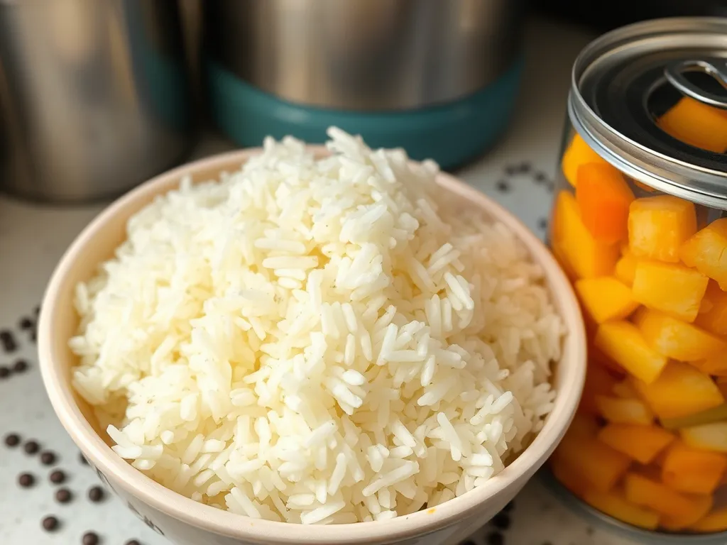Bowl of fluffy microwave boxed rice next to a can of diced squash.