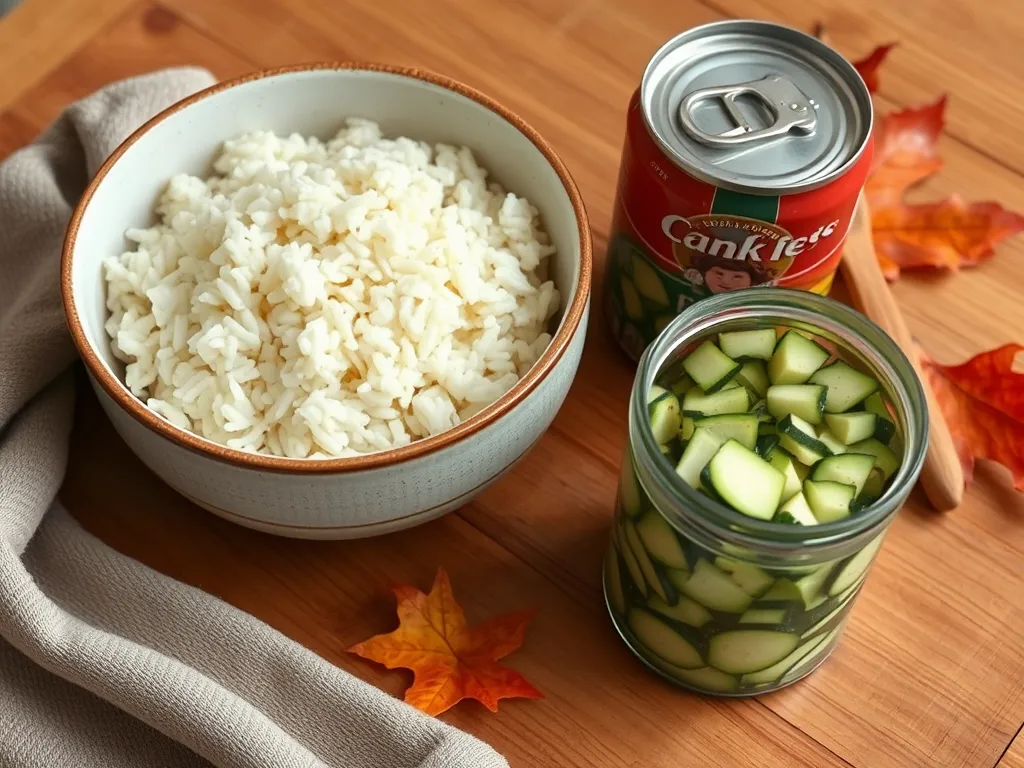 Bowl of lazy microwave boxed rice beside canned diced zucchini and pickled zucchini on a wooden table