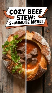 Delicious lazy microwave canned beef stew served in a bread bowl
