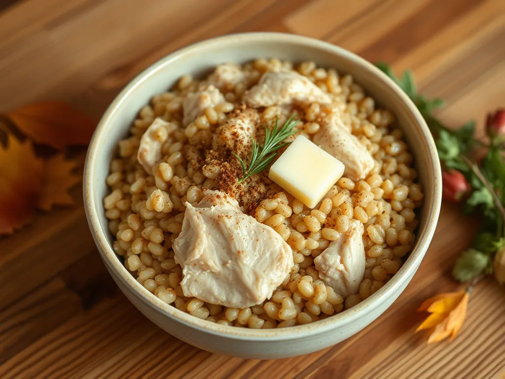 Bowl of instant barley topped with canned chicken and butter, ideal for a quick meal.