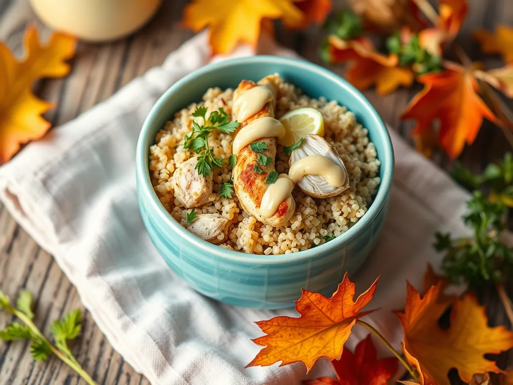 Bowl of instant farro topped with canned chicken, garnished with herbs and lemon, surrounded by autumn leaves.