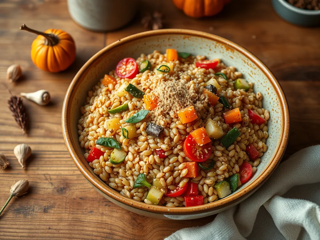 A bowl of instant kamut mixed with colorful vegetables, perfect for lazy microwave meals