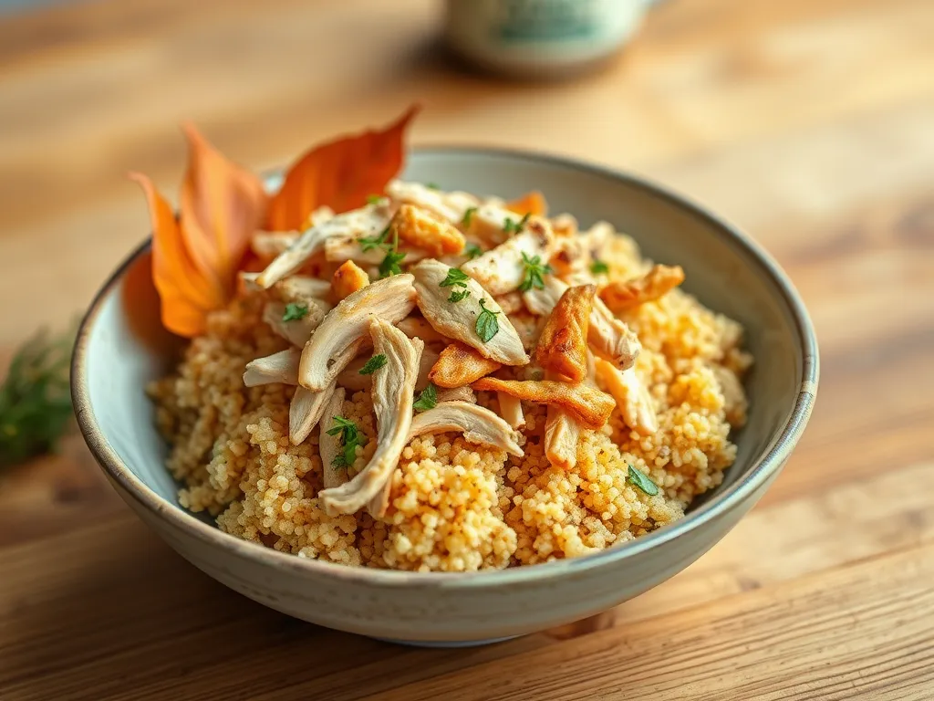 Bowl of couscous topped with shredded canned chicken and herbs, perfect for a lazy meal.
