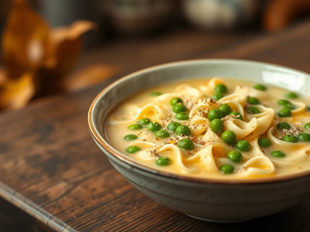 Delicious canned chicken noodle soup with peas in a bowl