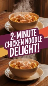 Bowl of steaming lazy microwave canned chicken and noodles, ready to eat.