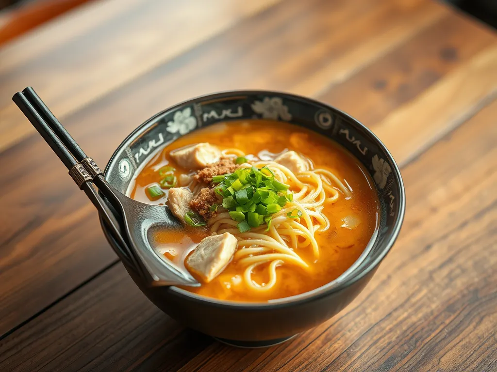 Bowl of lazy microwave canned chicken ramen with noodles and green onions