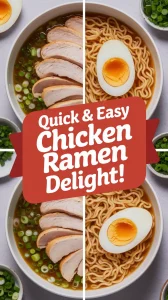 Bowl of chicken ramen featuring canned chicken, noodles, and a soft-boiled egg, perfect for a quick meal.