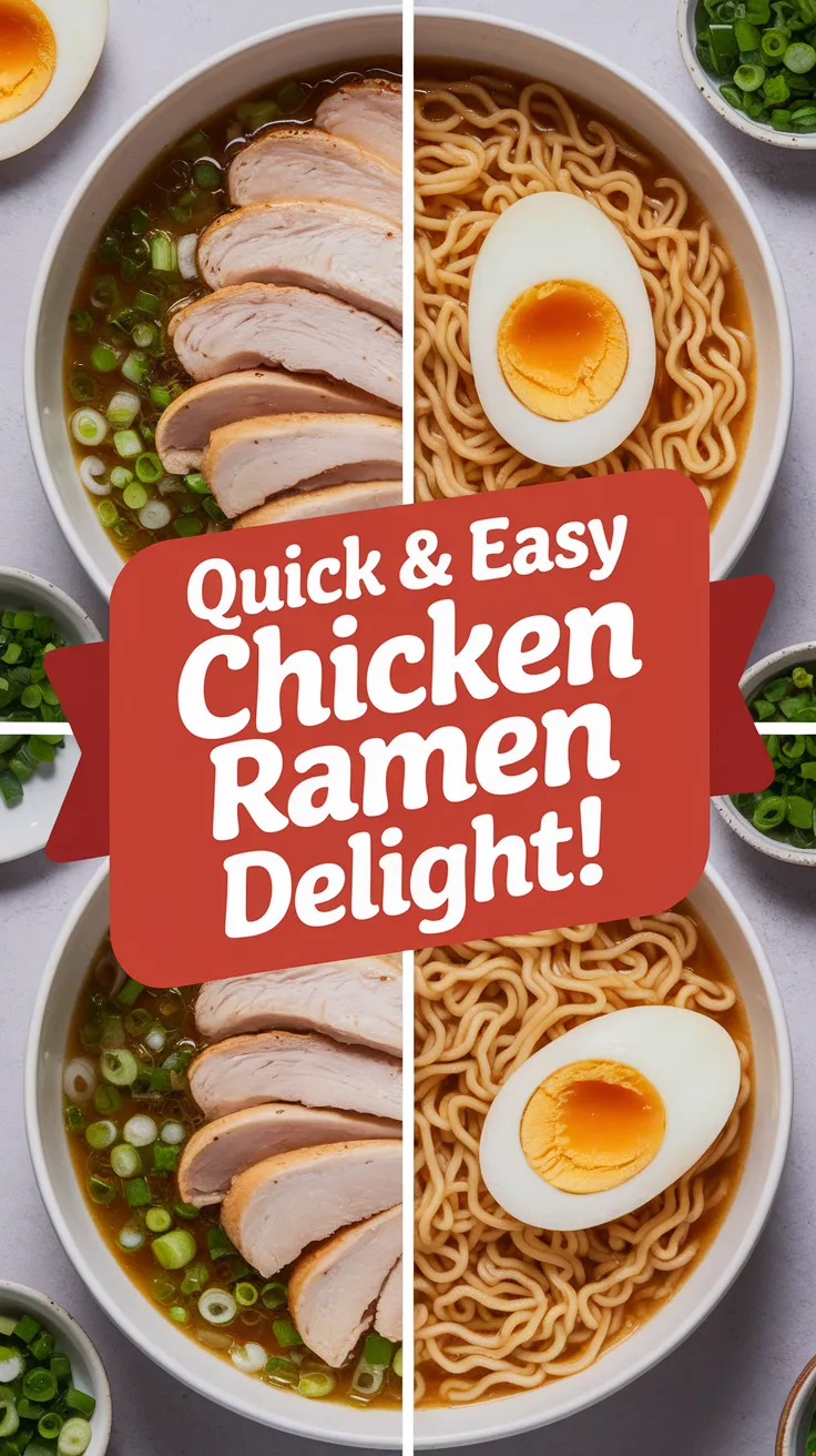 Bowl of chicken ramen featuring canned chicken, noodles, and a soft-boiled egg, perfect for a quick meal.