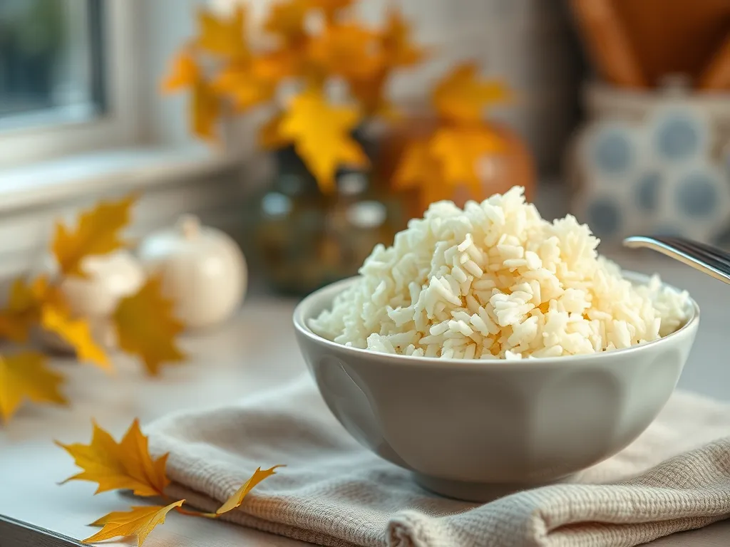 Bowl of fluffy rice ready to be combined with microwave canned chicken for a quick meal.