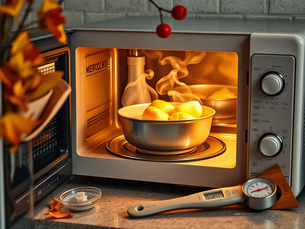 Microwave cooking canned chicken and stuffing with steam rising