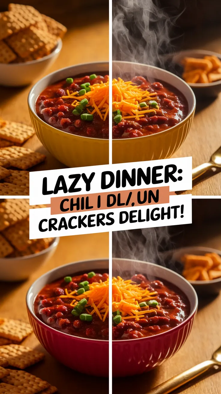 Bowl of lazy microwave canned chili topped with cheese and green onions, served with crackers.
