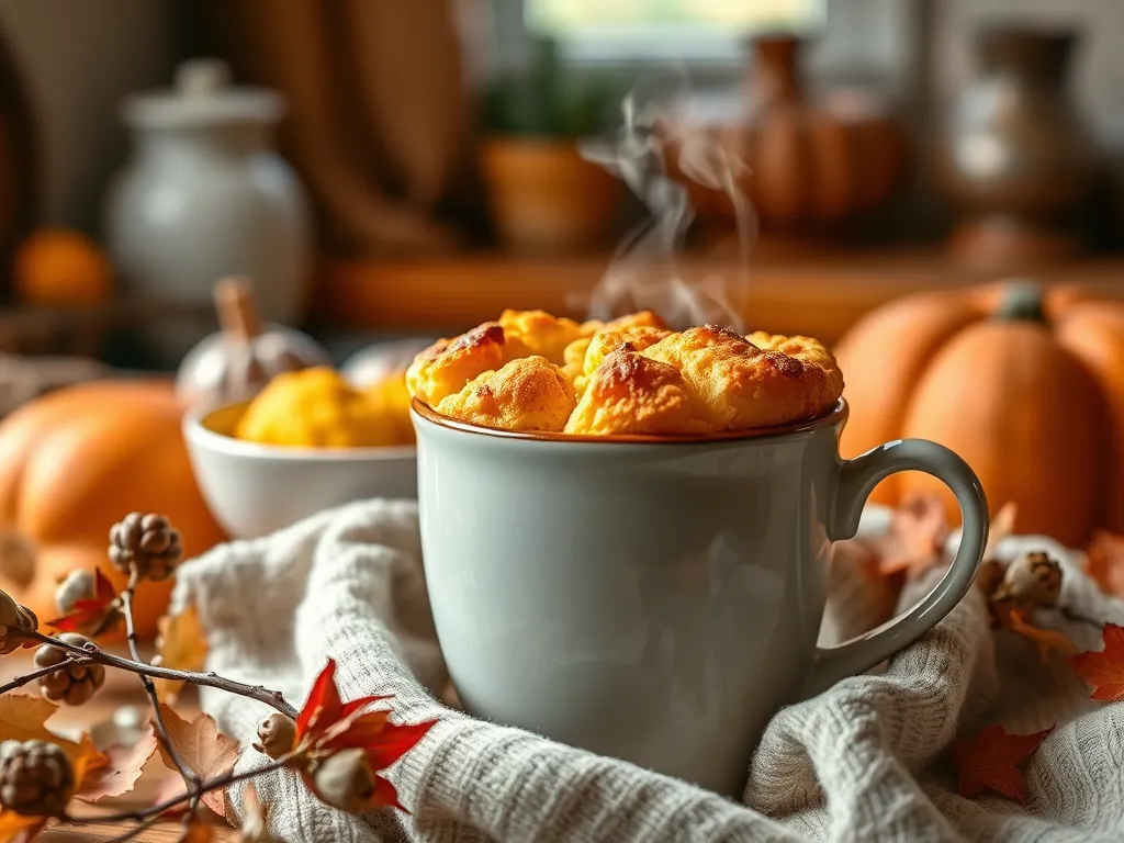 Freshly made lazy microwave canned cornbread mug with steam rising