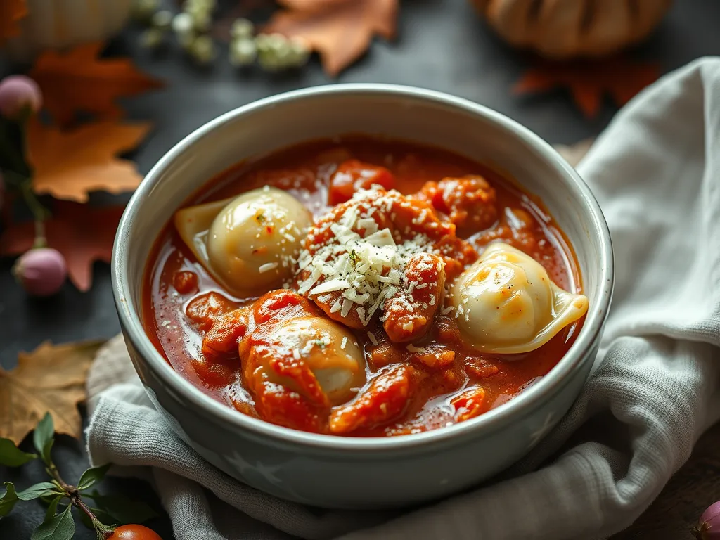 Bowl of lazy microwave canned ravioli in marinara sauce, perfect for a quick meal.