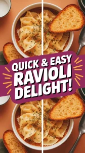 Delicious lazy microwave canned ravioli served with garlic bread