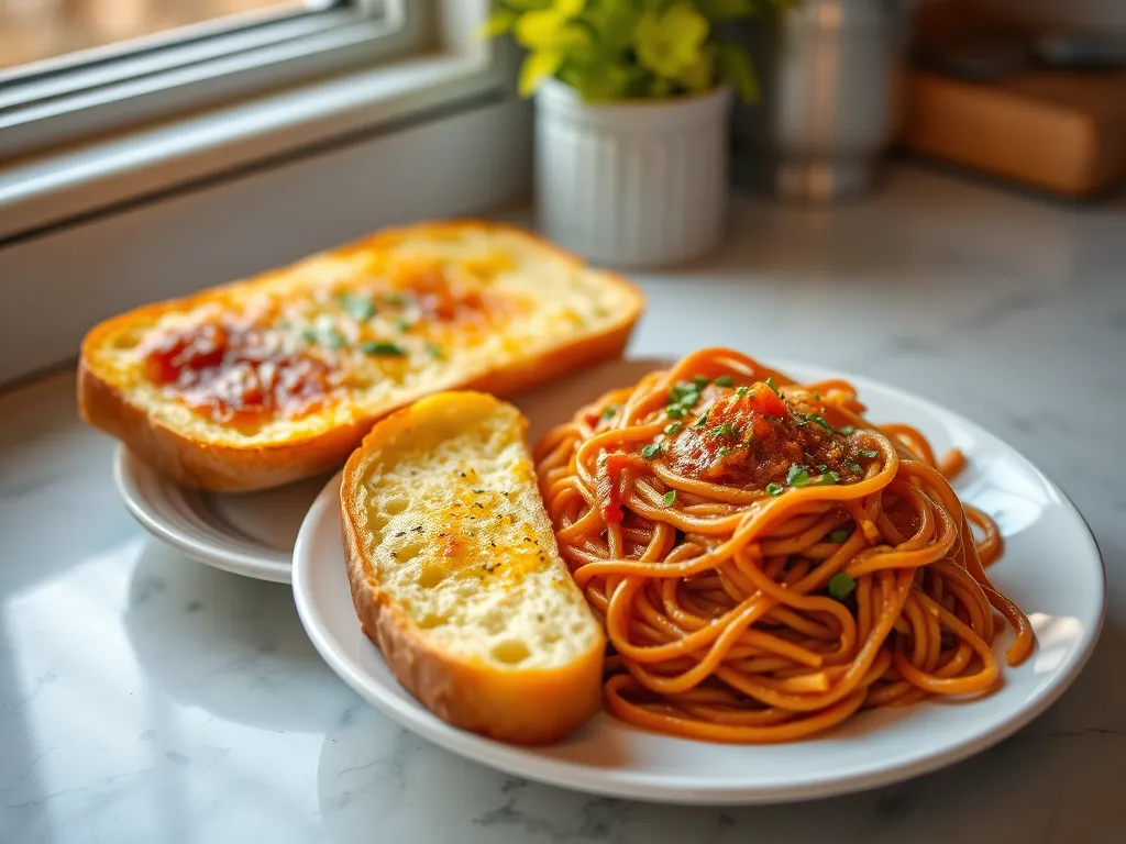 A plate of lazy microwave canned spaghetti served with garlic bread, perfect for a quick meal.