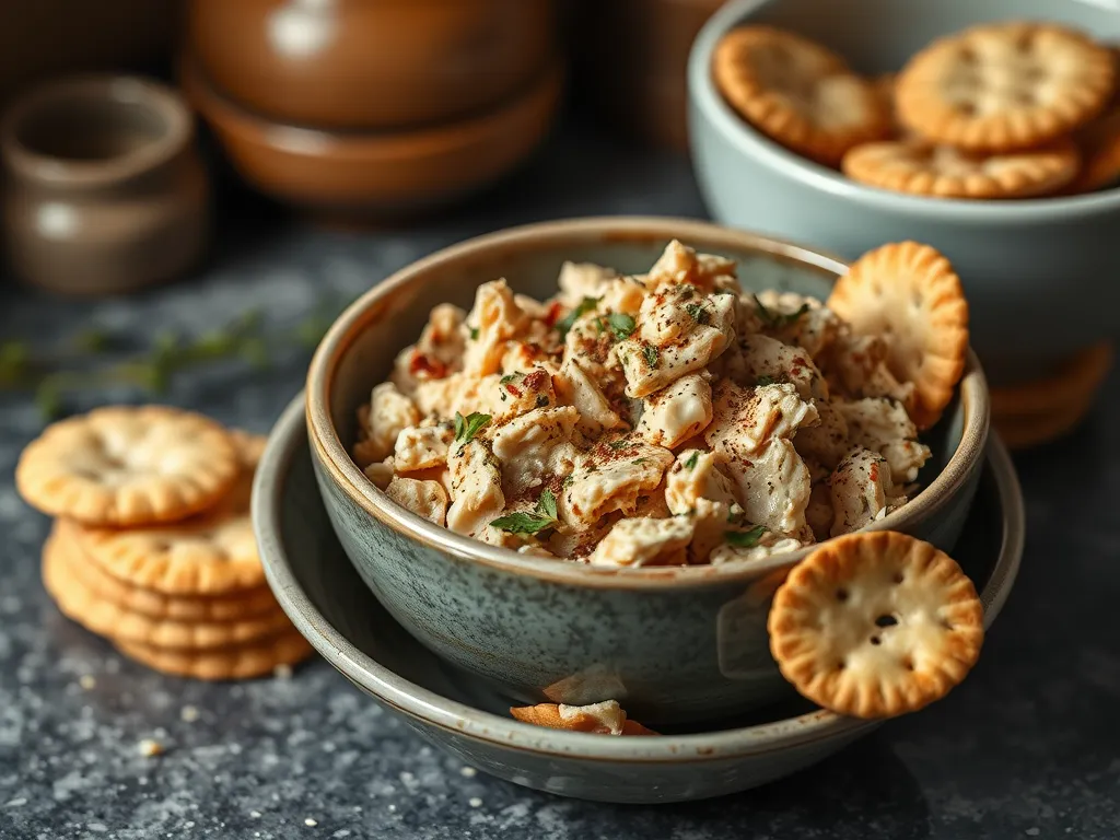 Bowl of creamy canned tuna salad with crackers on the side, perfect for a quick meal.