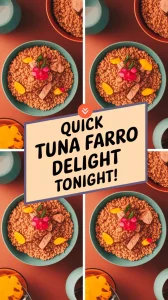 A delicious bowl of microwave canned tuna and instant farro, garnished with vegetables and herbs.