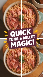 A delicious bowl of instant millet mixed with microwave canned tuna, perfect for lazy cooking.