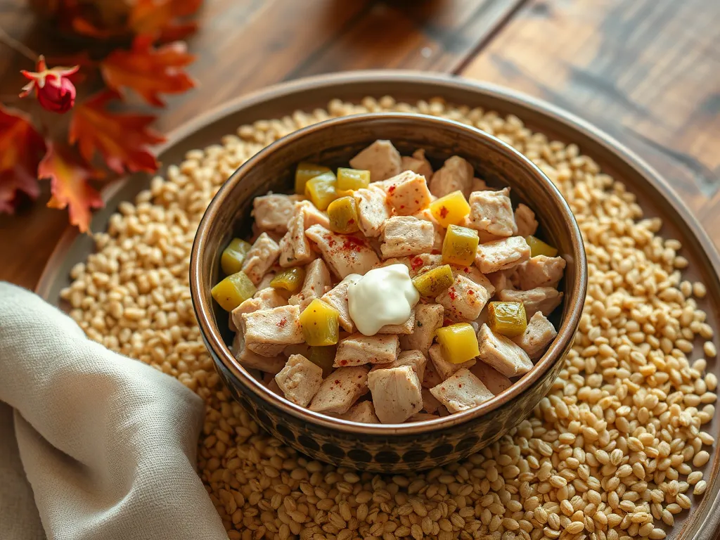 A bowl of lazy microwave canned tuna with instant oat groats and vegetables, showcasing a quick meal option.
