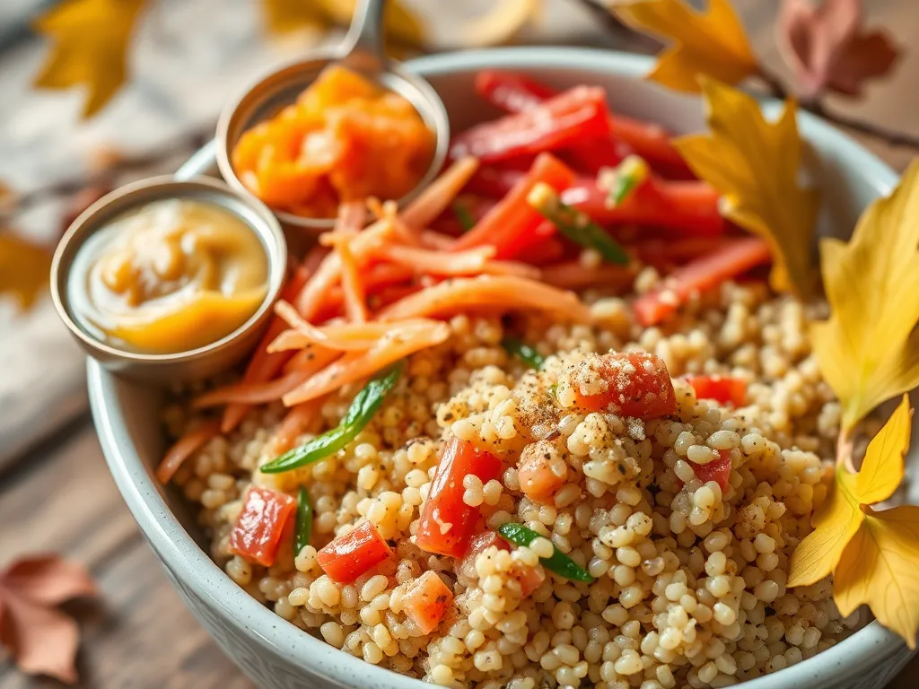 Bowl of instant spelt with vegetables and canned tuna displaying a quick meal option
