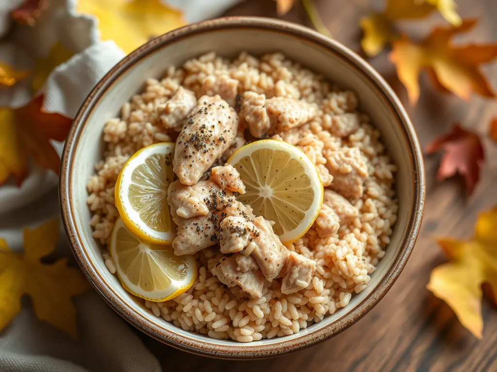 Bowl of microwave cooked canned tuna served with instant teff and lemon slices.