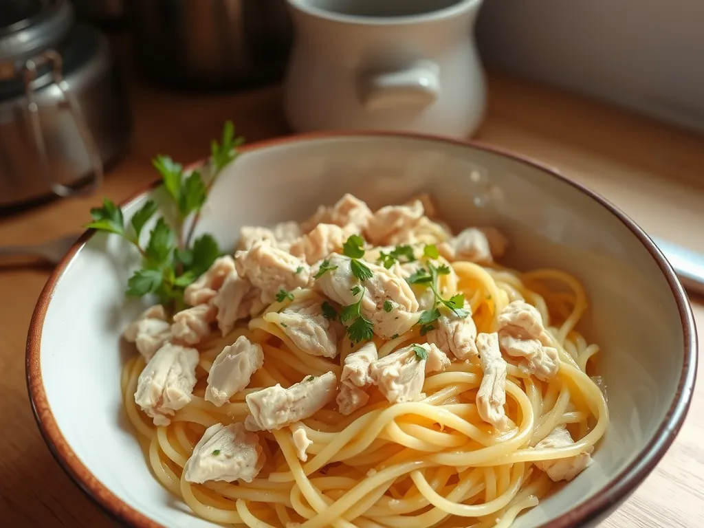 Delicious lazy microwave canned chicken and noodles served in a bowl with parsley