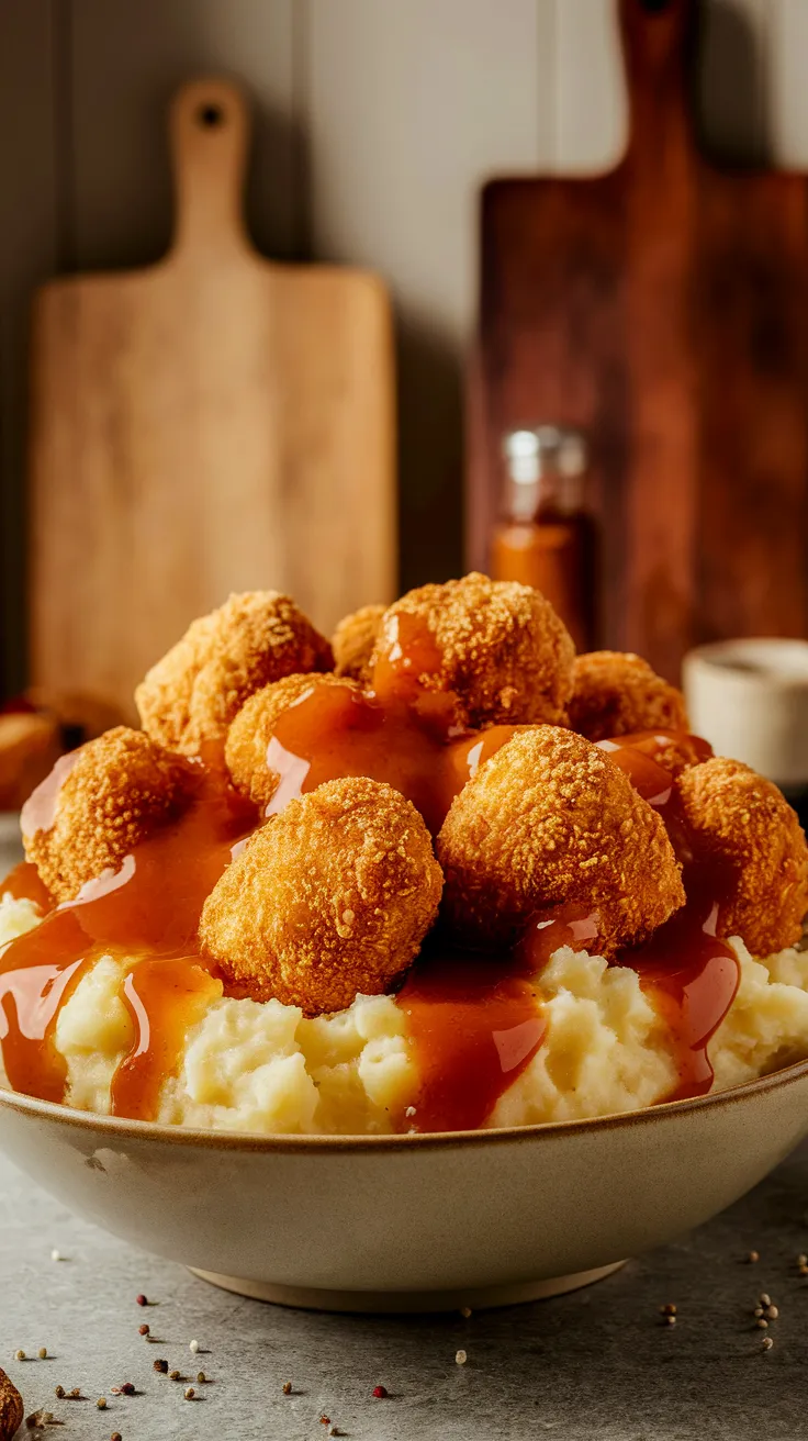 Delicious lazy microwave frozen chicken nuggets served over creamy mashed potatoes.