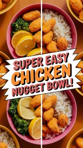 A delicious lazy microwave frozen chicken nugget and rice bowl with broccoli and lemon slices.