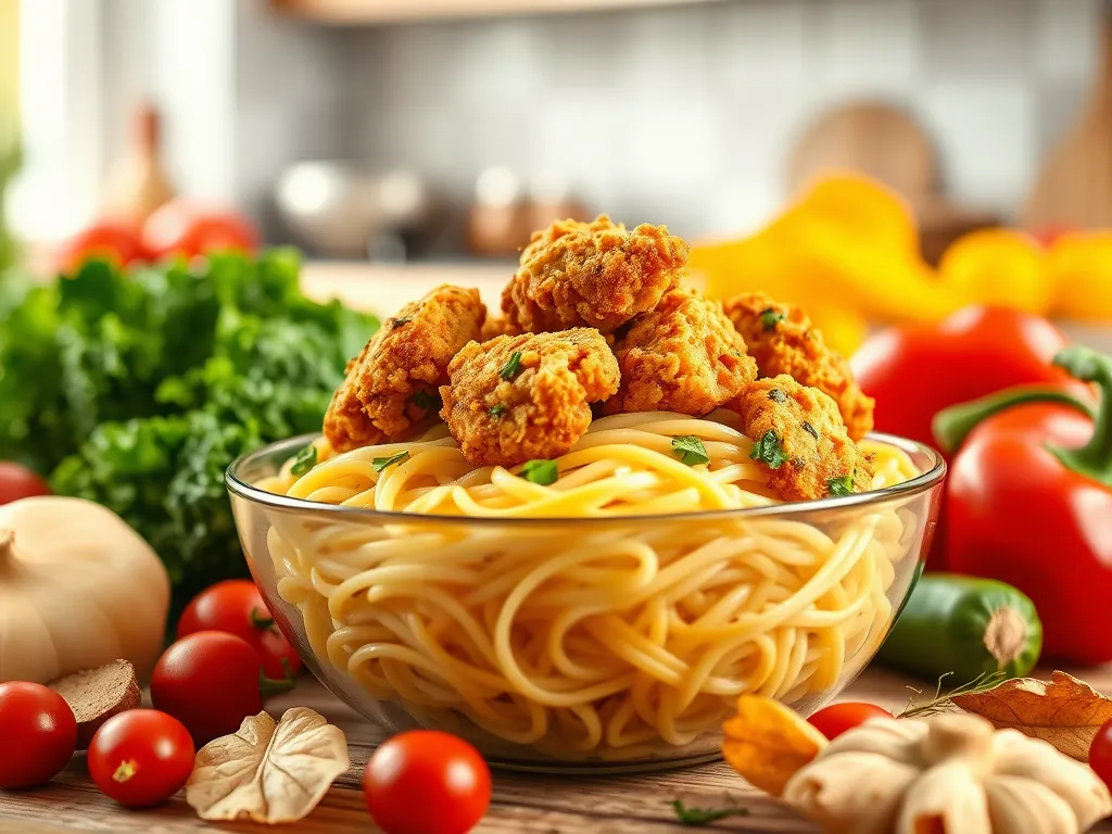 Delicious lazy microwave frozen chicken nugget pasta with fresh vegetables