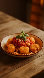 Plate of lazy microwave frozen chicken nugget pasta with a rich tomato sauce